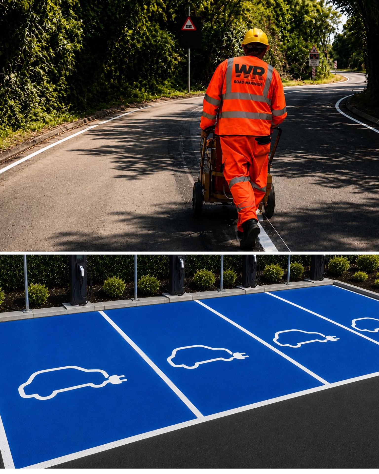 WR Road Markings crew applying line markings on a road, car park and Porsche dealership floor